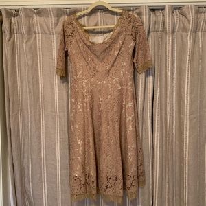 Tan, lace, off shoulder midi dress, 4, NWT